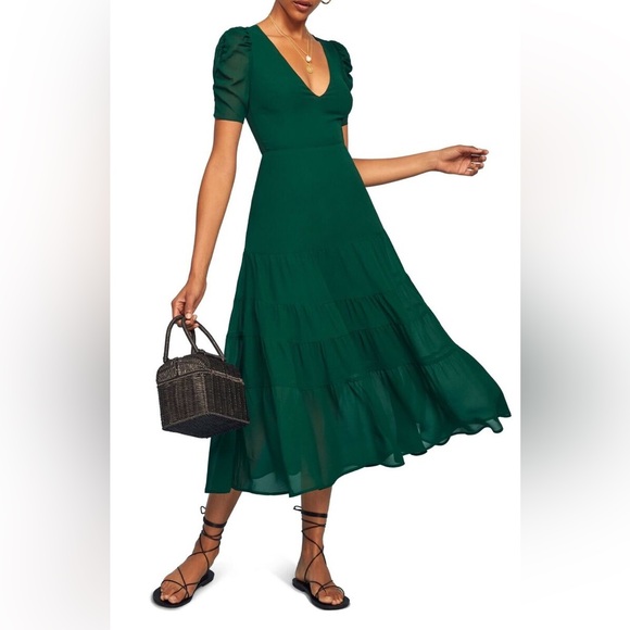 Reformation Emerald Green Dress Reformation Green Floral Silk Dress  Reformation Green Frankie Silk